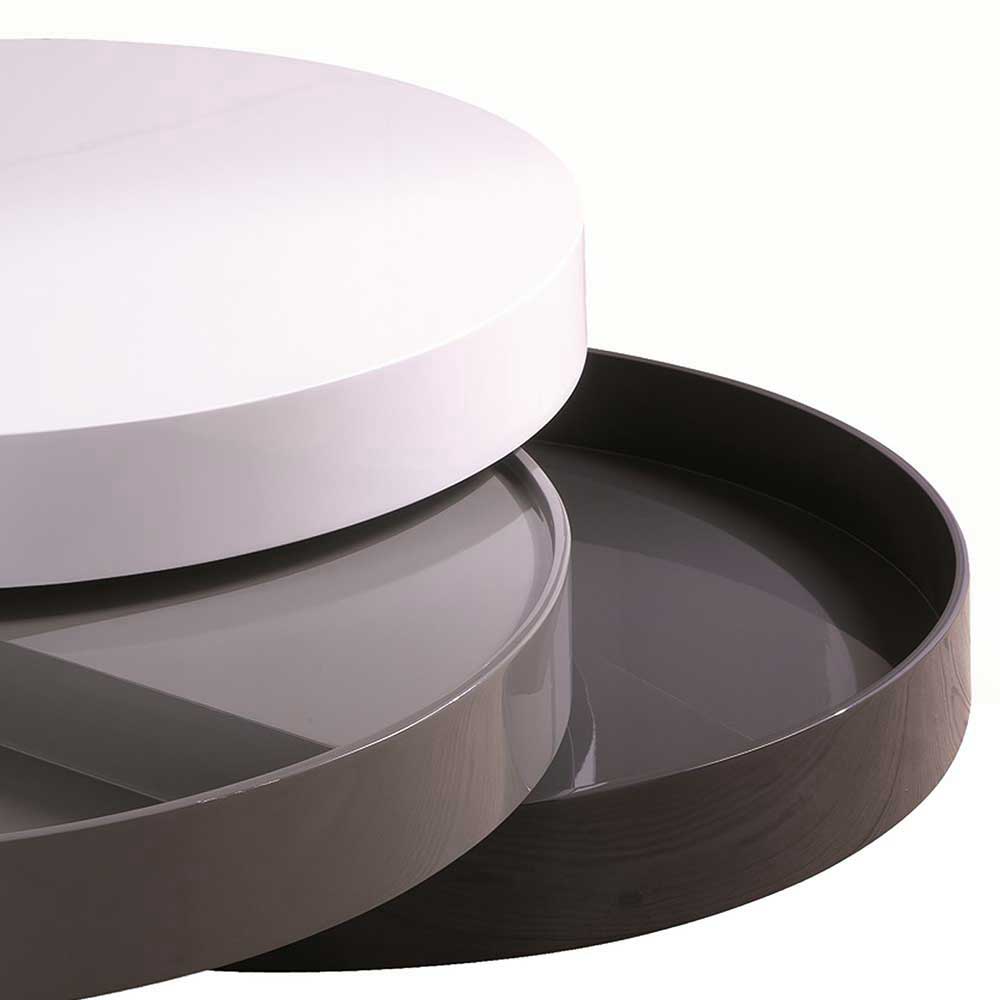Runder Design Couchtisch Ilana in Weiß und Grau mit schwenkbaren Platten