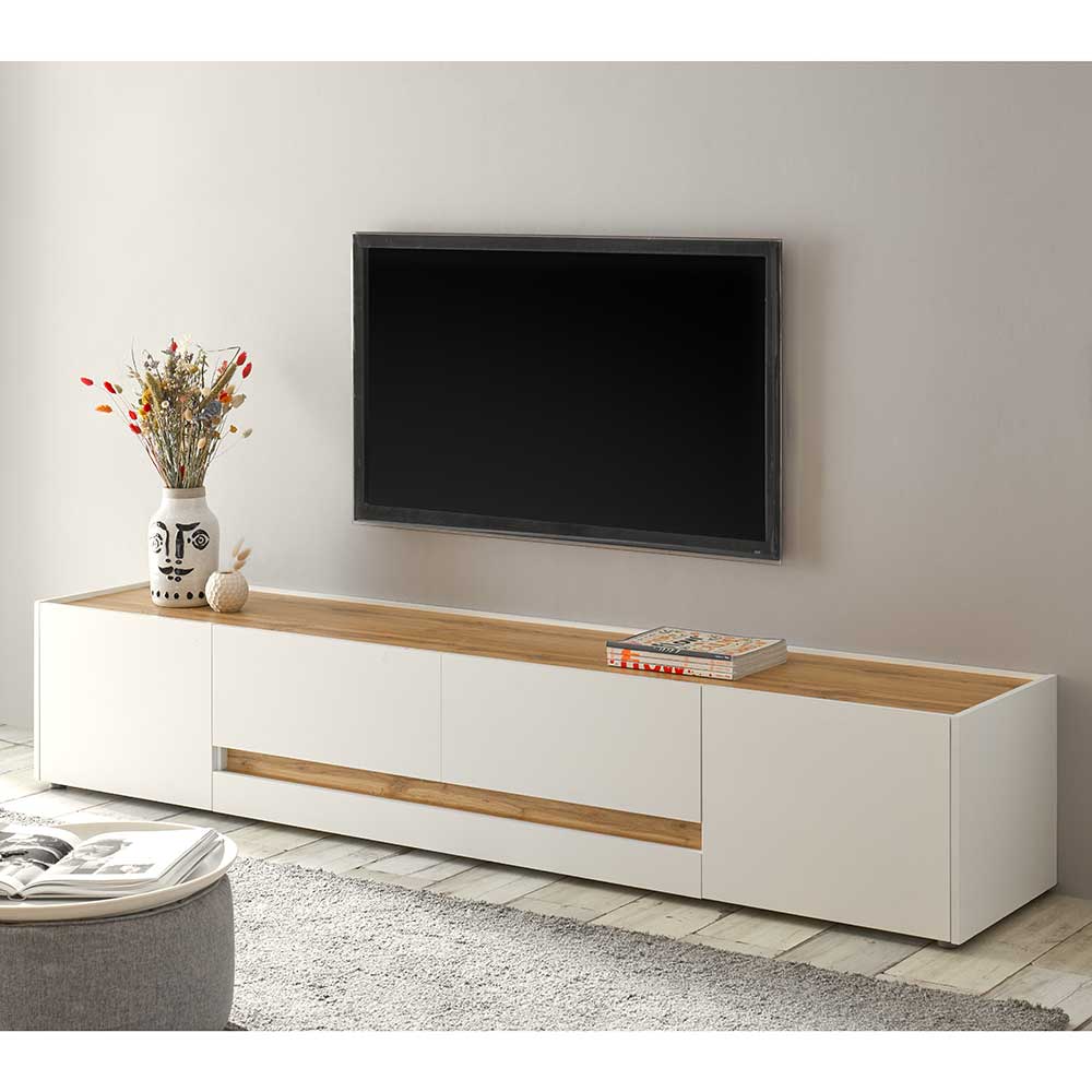 TV Lowboard Rascian in Weiß und Wildeiche Optik 220 cm breit