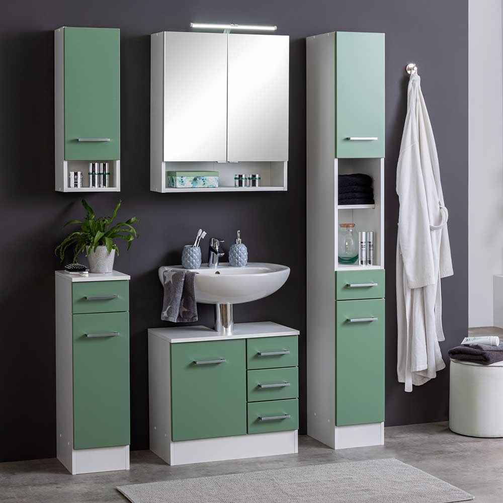 Moderner Hochschrank Jirecan in Grün und Weiß für Badezimmer