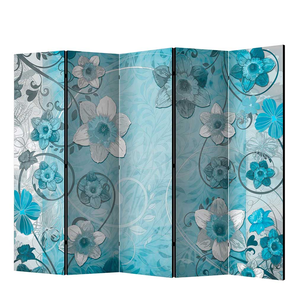 Paravent Lolona mit blickdichter Leinwand in Blau floral