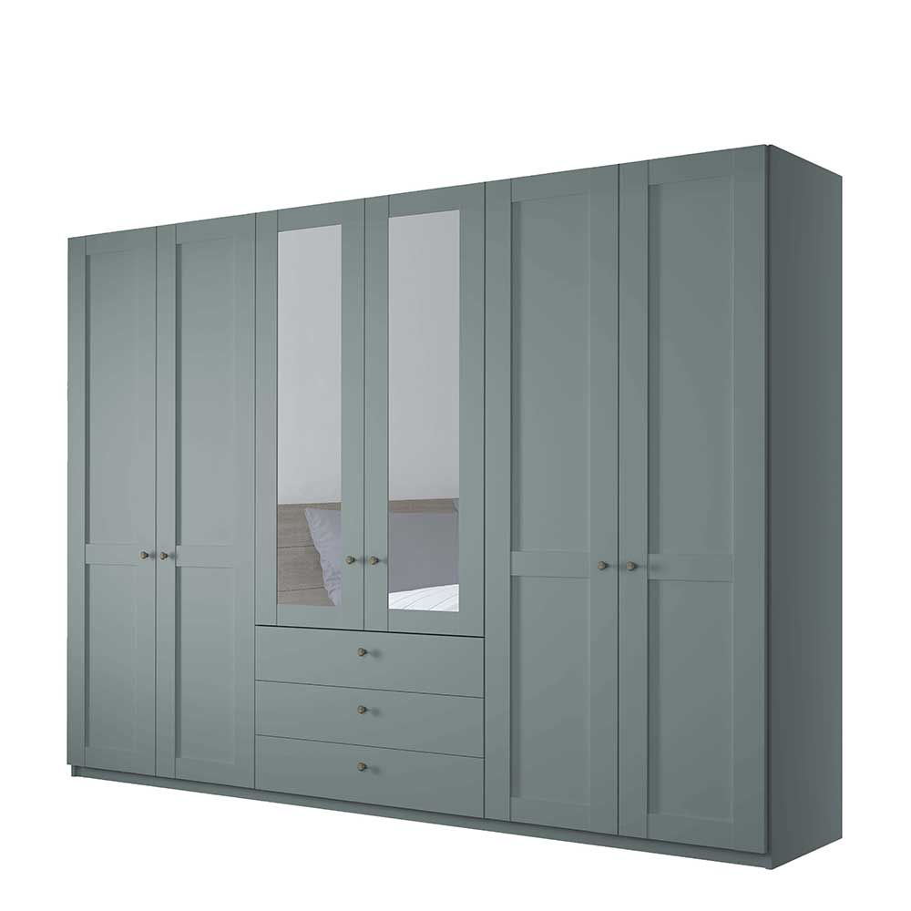Kleiderschrank graugrün Landhaus Forjan mit drei Schubladen und Spiegeltüren