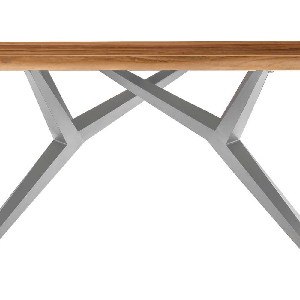 Design Holztisch Ansonka aus Recyclingholz Teak mit Metall Vierfußgestell