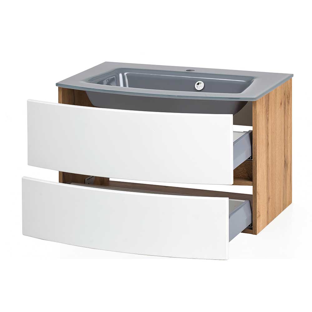Waschtischunterschrank Zataico in Weiß und Wildeiche Optik mit zwei Schubladen