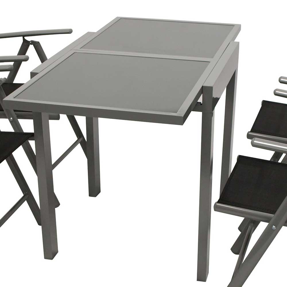 Terrassensitzgruppe Antorion in Grau und Schwarz mit ausziehbarem Tisch (fünfteilig)