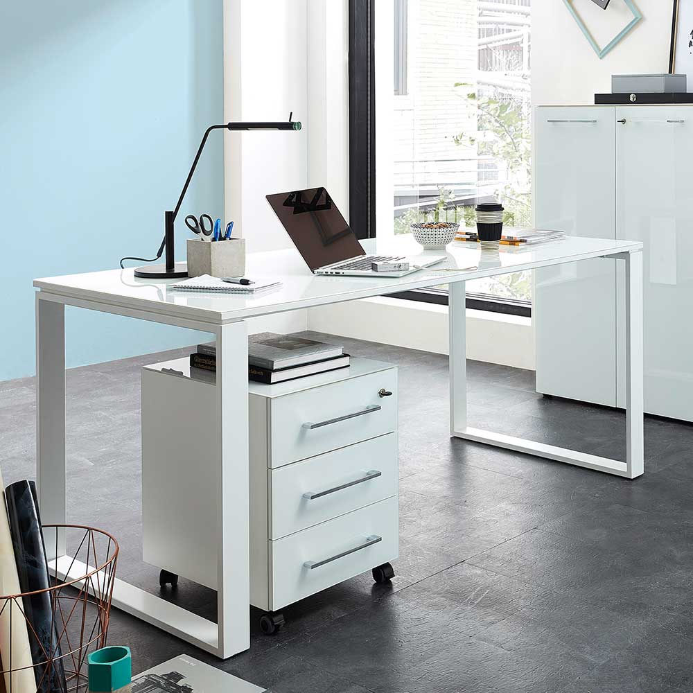 Büro Schreibtisch Rameros in Weiß mit Glas beschichtet 160 cm breit
