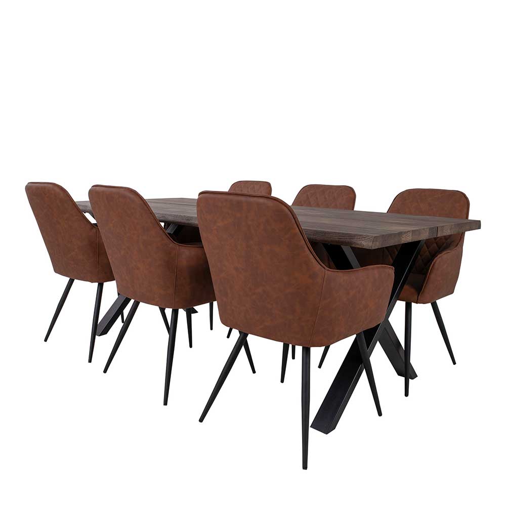 Esszimmergarnitur Vartess mit 2 Meter Tisch und Stühlen in Cognac Braun (siebenteilig)