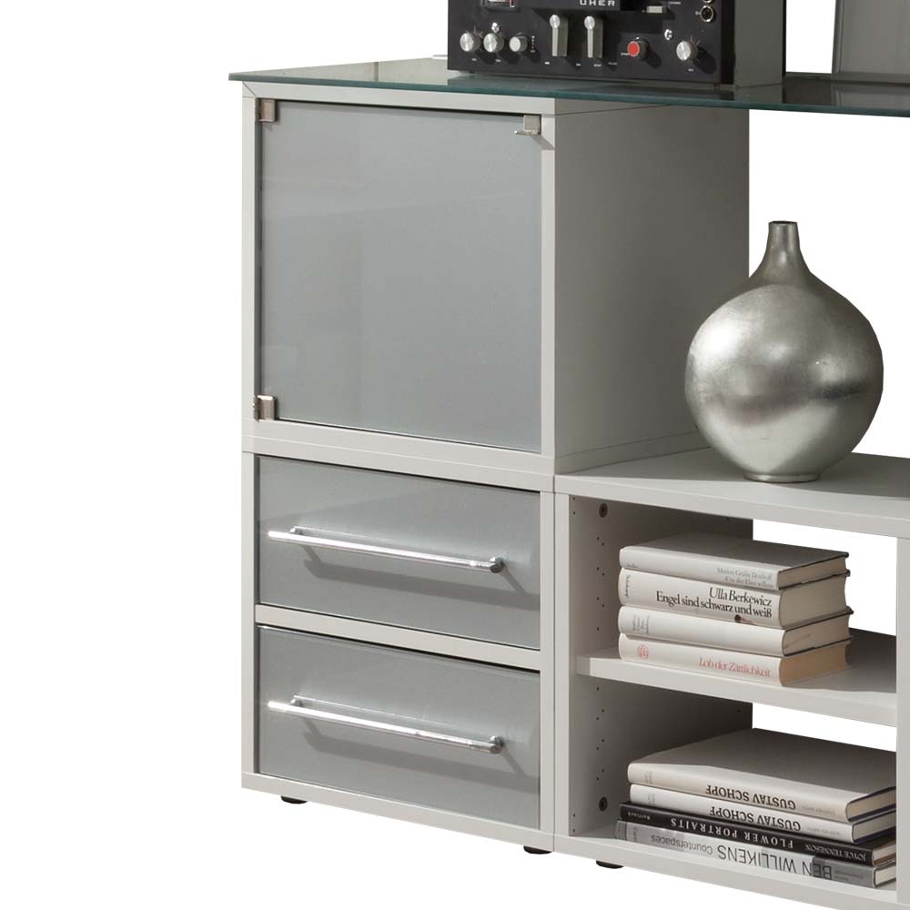 Büro Sideboard Villon in Weiß Grau Glas 180 cm breit