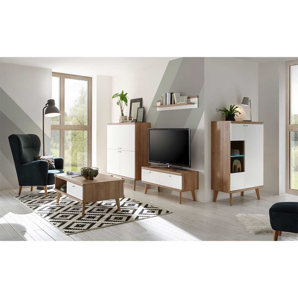 Wohnzimmermöbel Levanca im Skandi Design in Weiß und Eiche (fünfteilig)