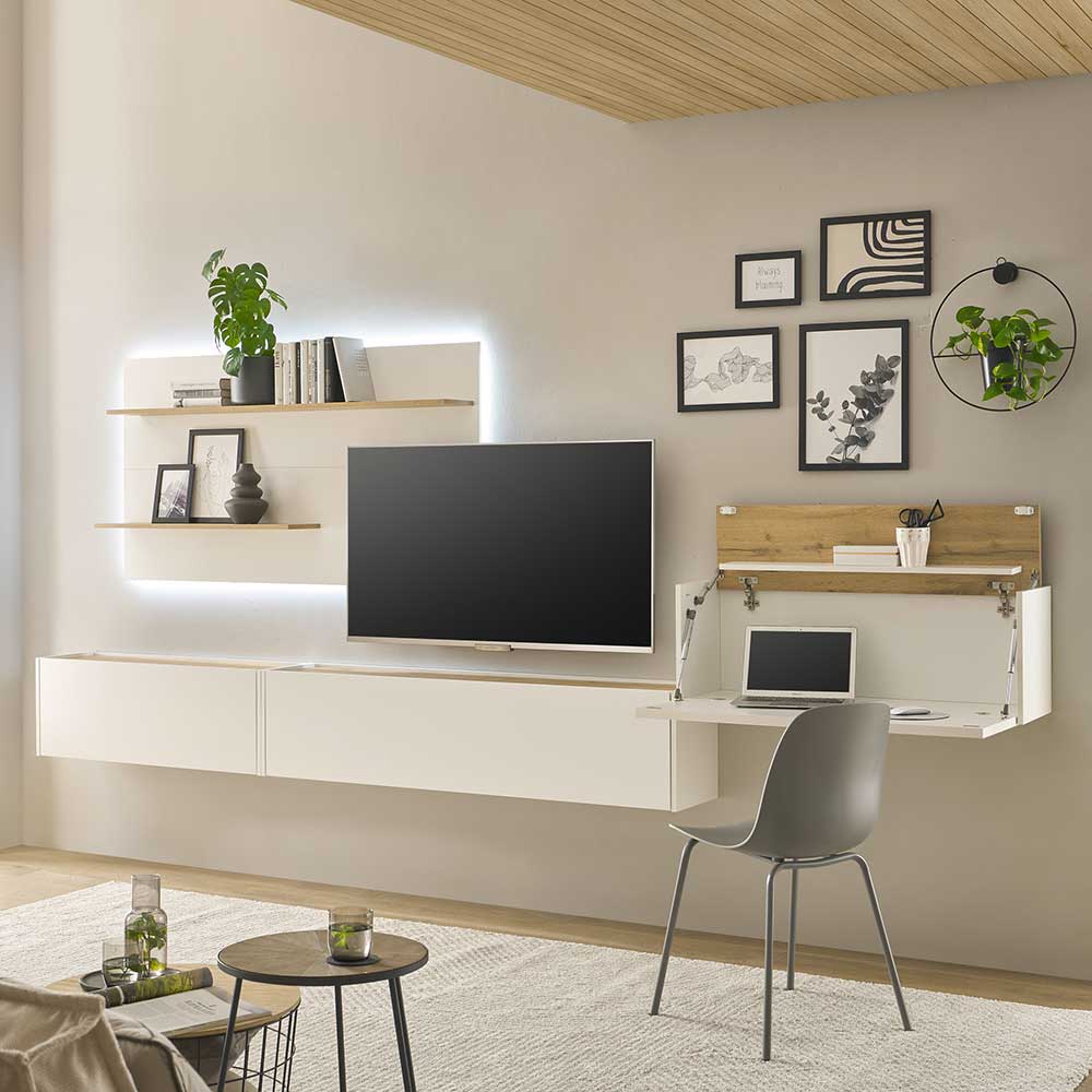 Home Office Wohnzimmerwand Rascian in Weiß und Wildeichefarben (vierteilig)