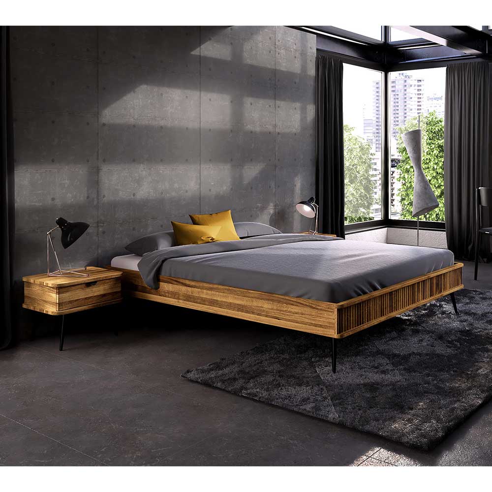 Modernes Holzbett Clantica aus Wildeiche und Metall 41 cm Einstiegshöhe