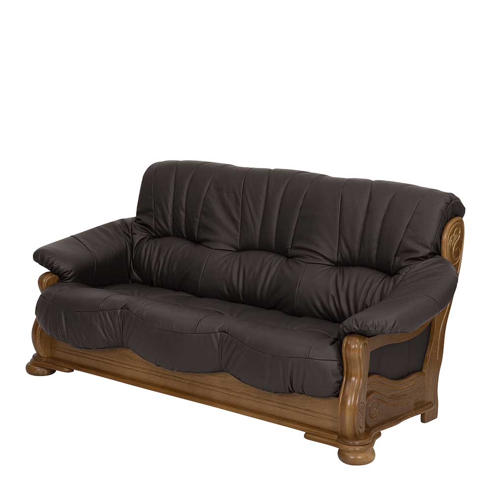 Couch Eiche rustikal Imano mit drei Sitzplätzen Echtleder Bezug braun