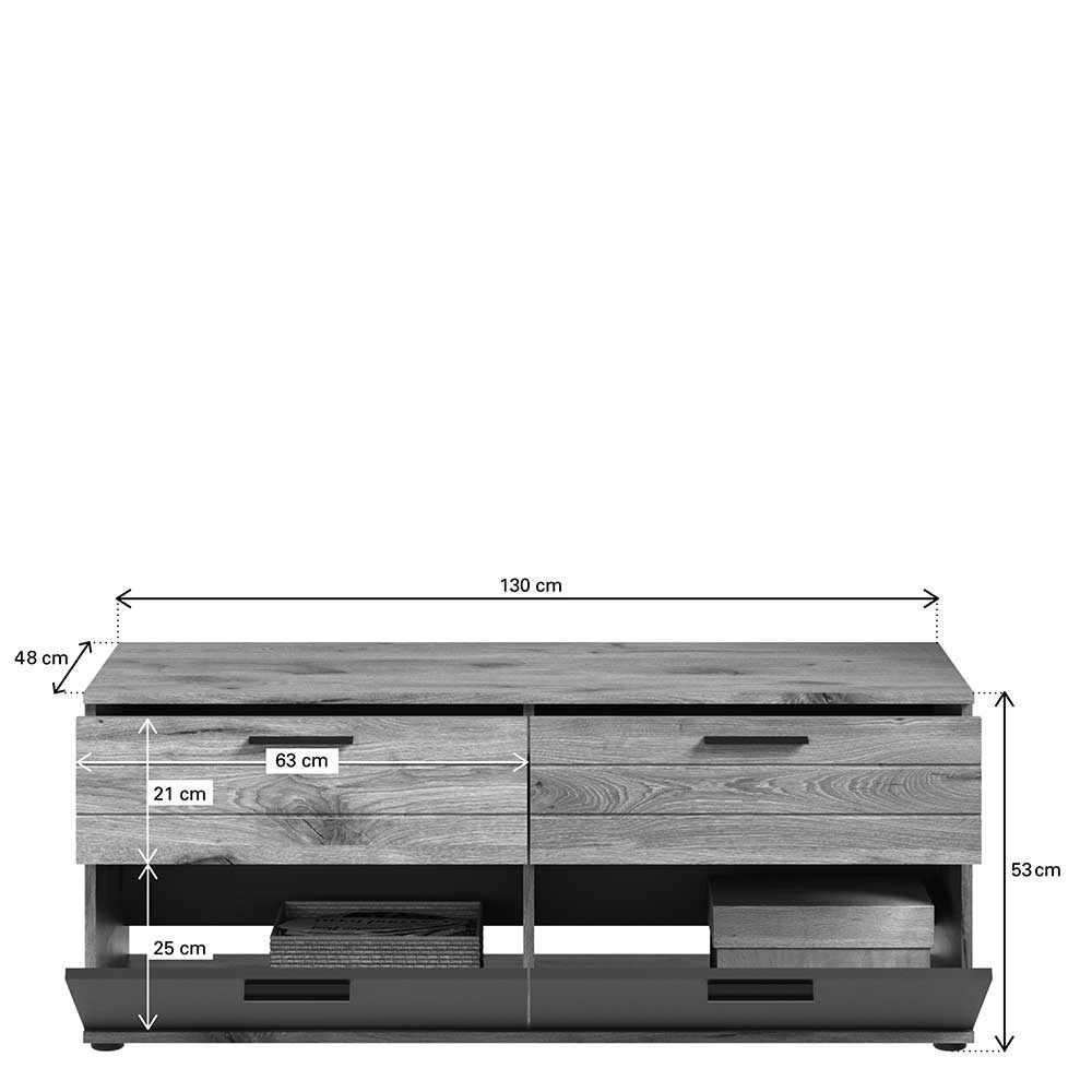 Kleines TV Lowboard Plestna 53 cm hoch mit zwei Schubladen und Klappen