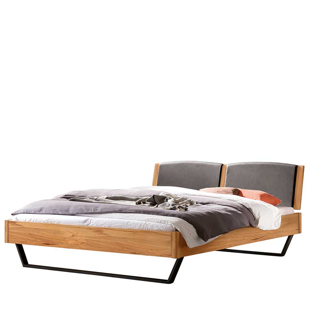 Doppelbett mit Bügelgestell Gelvins aus Wildbuche Massivholz und Stahl
