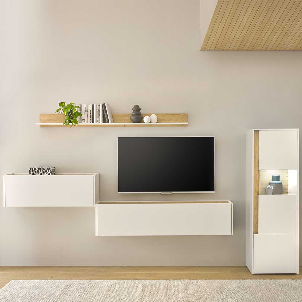 Design Wohnwand mit Schreibtisch Rascian in Weiß und Wildeichefarben (vierteilig)