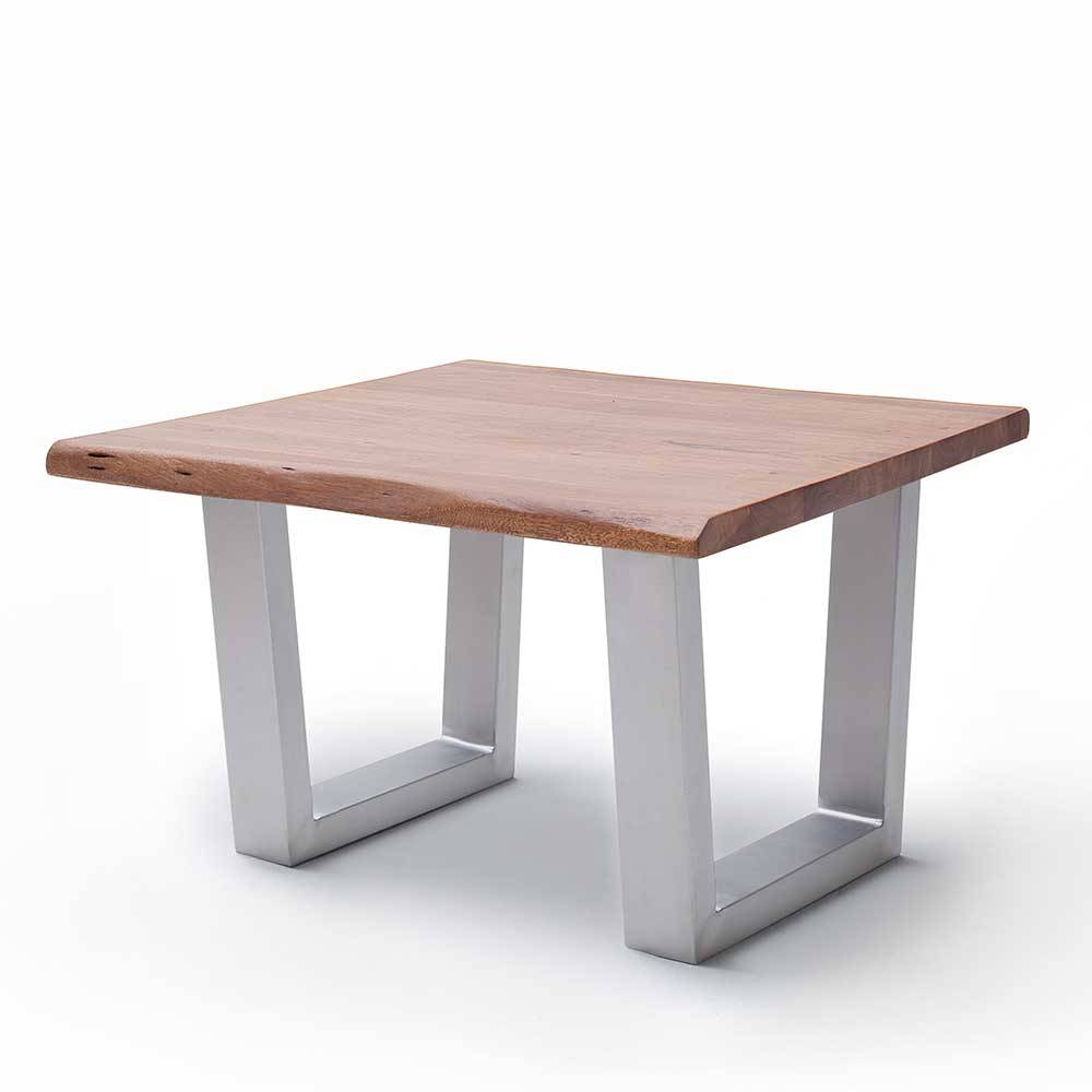 Sofa Tisch mit Baumkante Roverario aus Akazie Massivholz und Edelstahl
