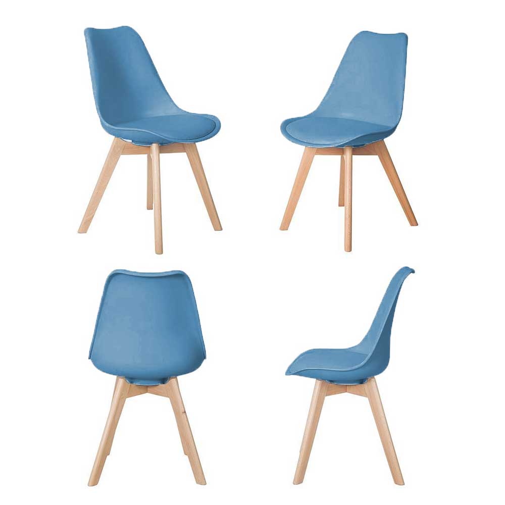 4 Stühle Rood in Hellblau und Buchefarben mit Gestell aus Massivholz (4er Set)