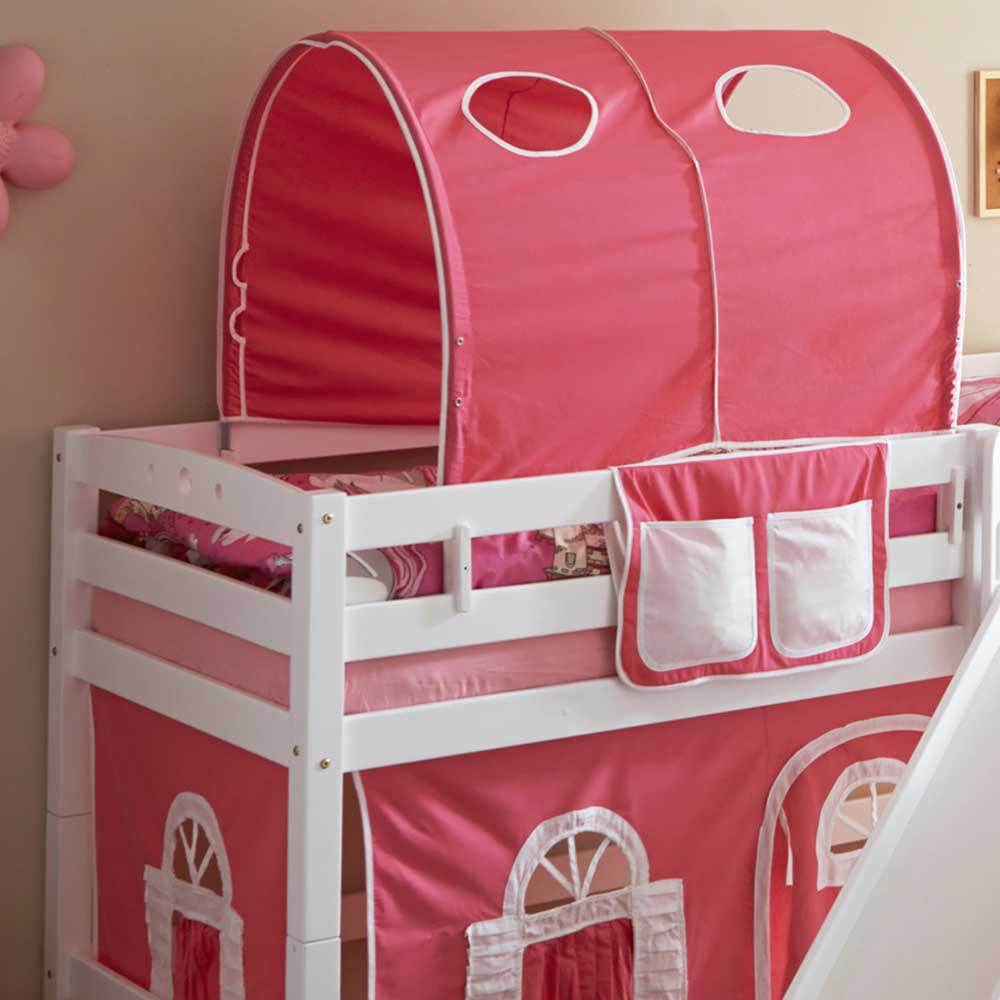 Halbhohes Bett Ivoras für Mädchenzimmer mit Rutsche und Vorhang in Pink