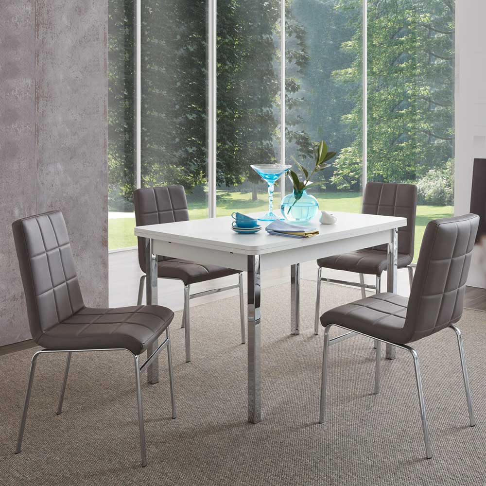 Esstisch mit Stühlen Lenessa in Grau und Weiß Tisch ausziehbar (fünfteilig)