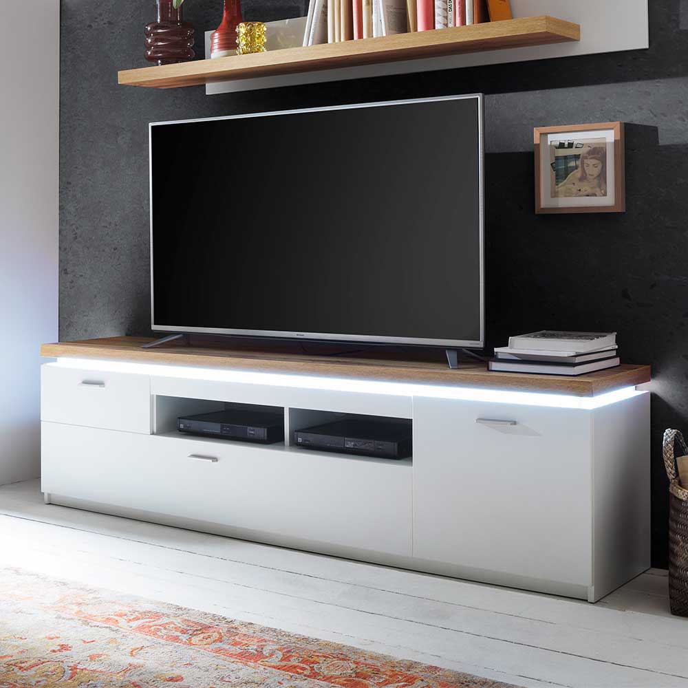 TV Lowboard Lovranon in Weiß und Wildeiche Optik 195 cm breit