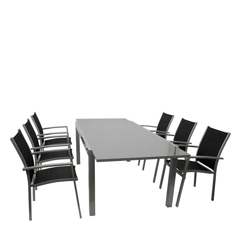 Terrassensitzgruppe Paula in Grau und Schwarz mit Glastisch (siebenteilig)