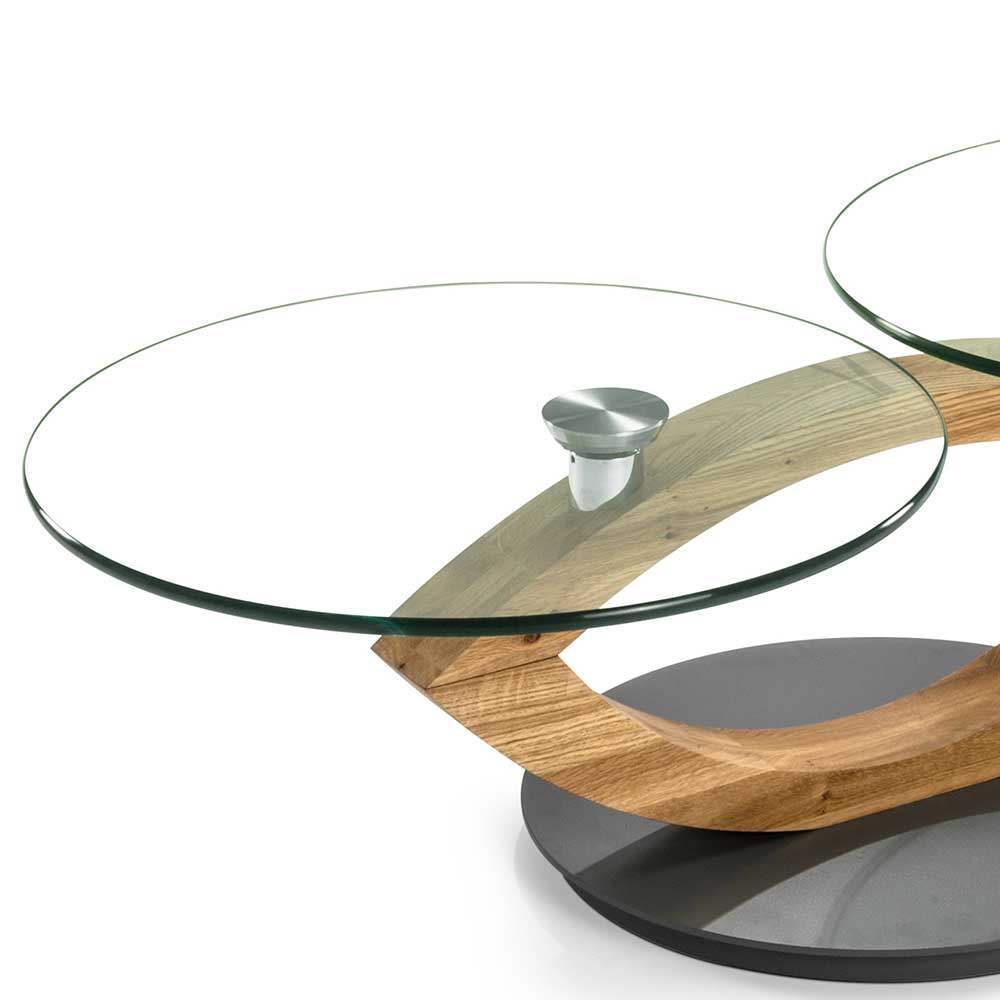 Design Sofatisch Gracelino aus Asteiche Massivholz mit zwei runden Glasplatten