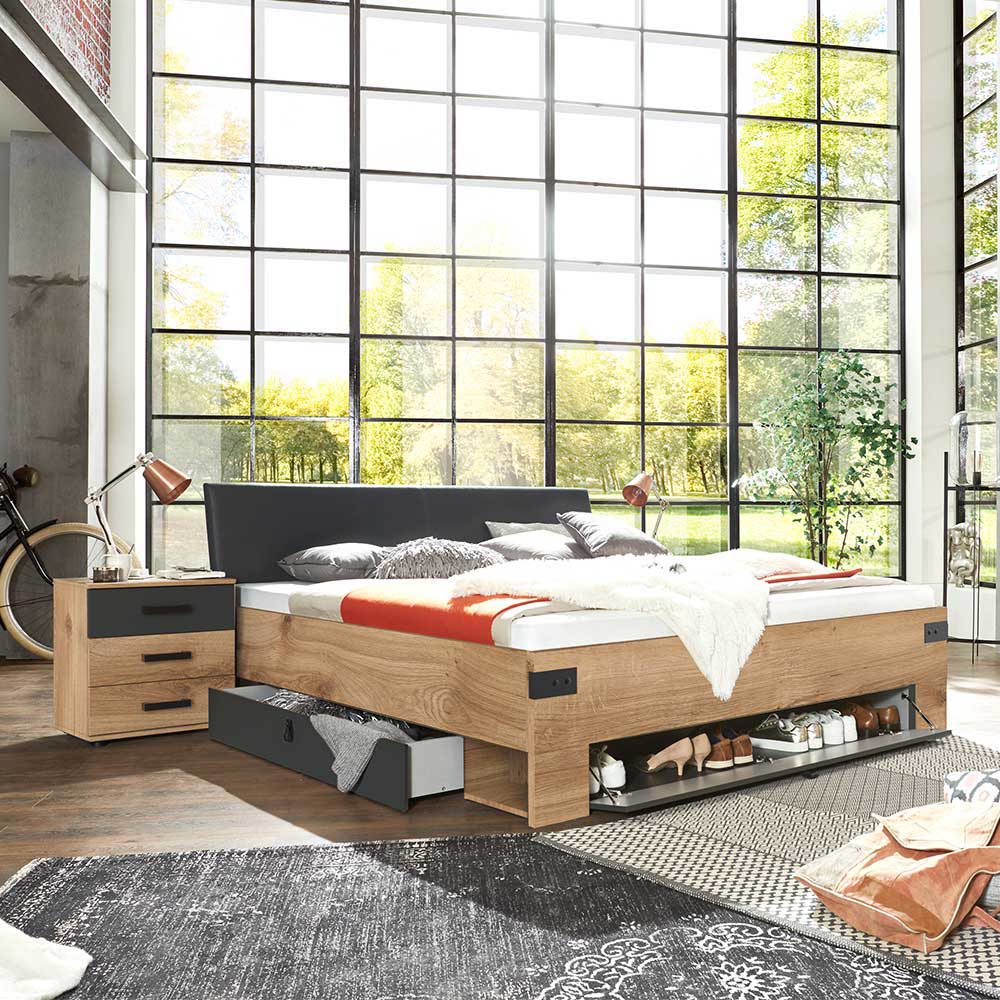 Schlafzimmer Set Latizia in Dunkelgrau und Plankeneiche Holzoptik (vierteilig)