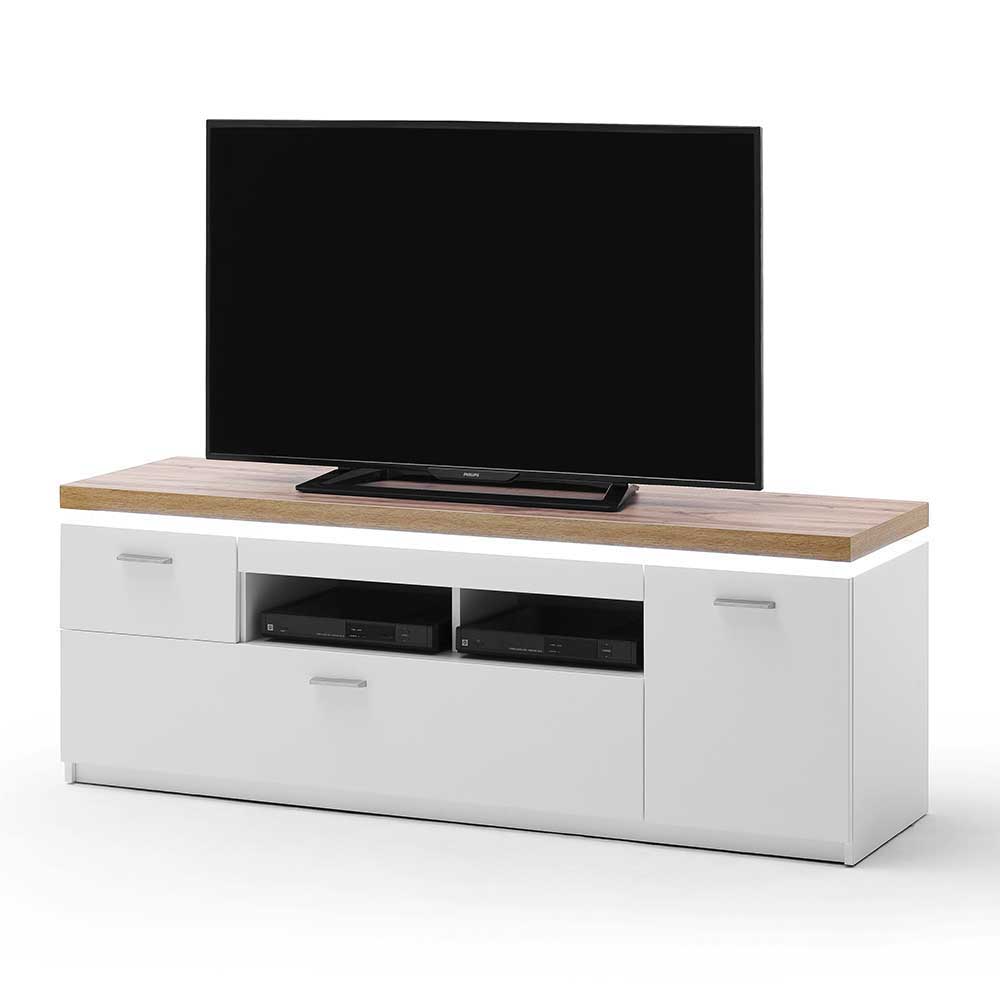 TV Board Lovranon in Weiß und Wildeiche Optik mit LED Beleuchtung