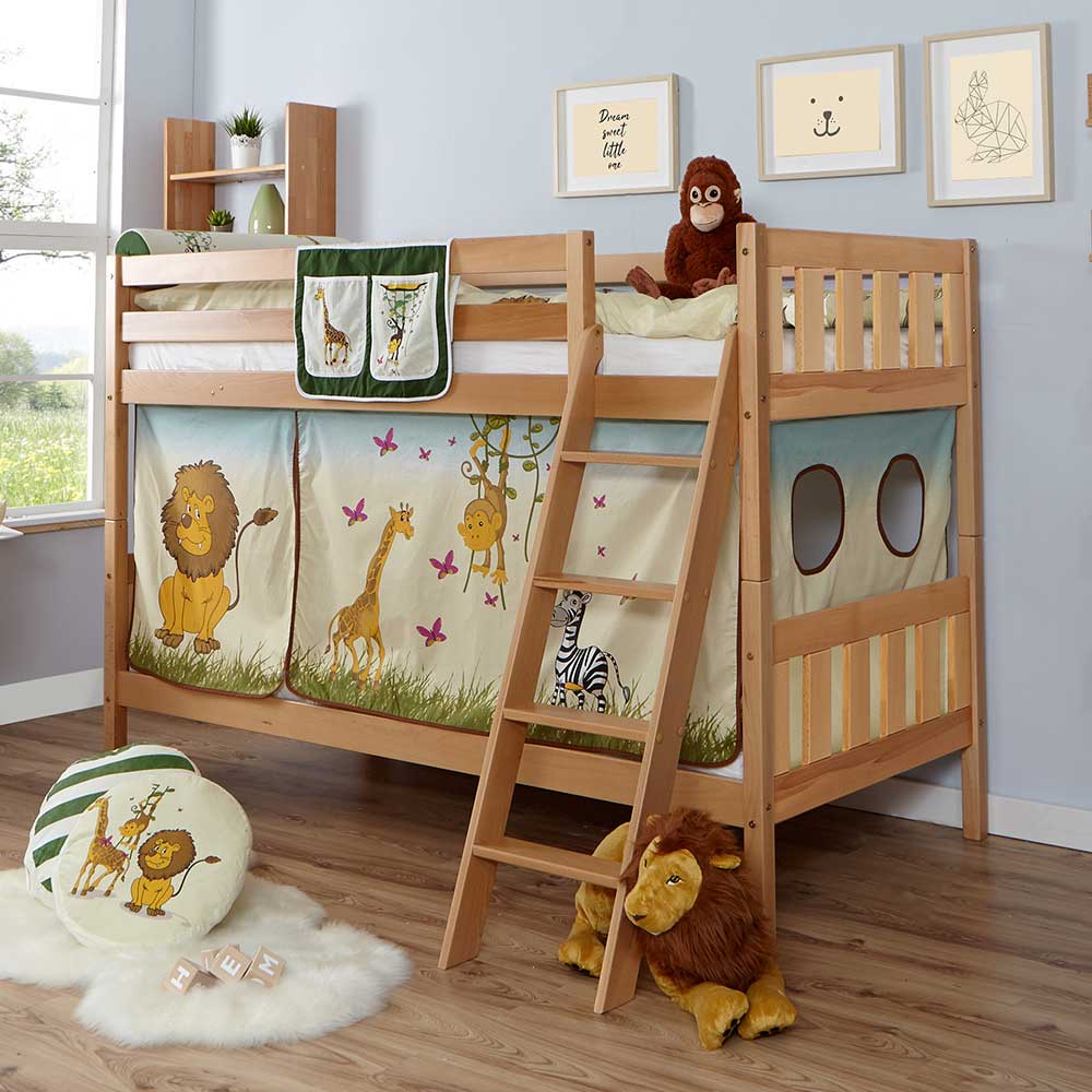 Kinderetagenbett Lucivion im Zoo Design mit Vorhang