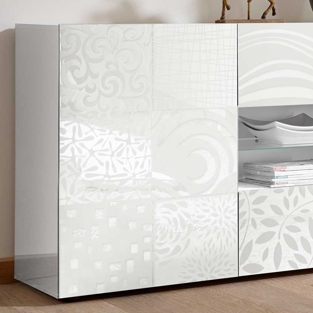 Hochglanz Design Sideboard Peledrav in Weiß mit floralem Siebdruck verziert