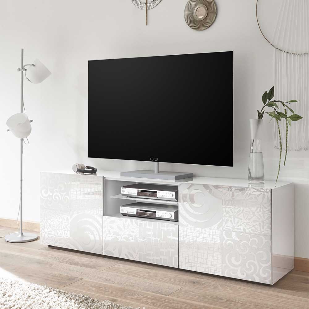 Hochglanz TV Sideboard Peledrav in Weiß mit floralem Siebdruck verziert