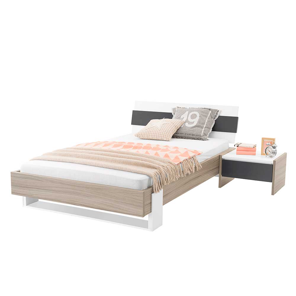 Bett mit Nachtkonsole Teameus in Holz Anthrazit Weiß (zweiteilig)