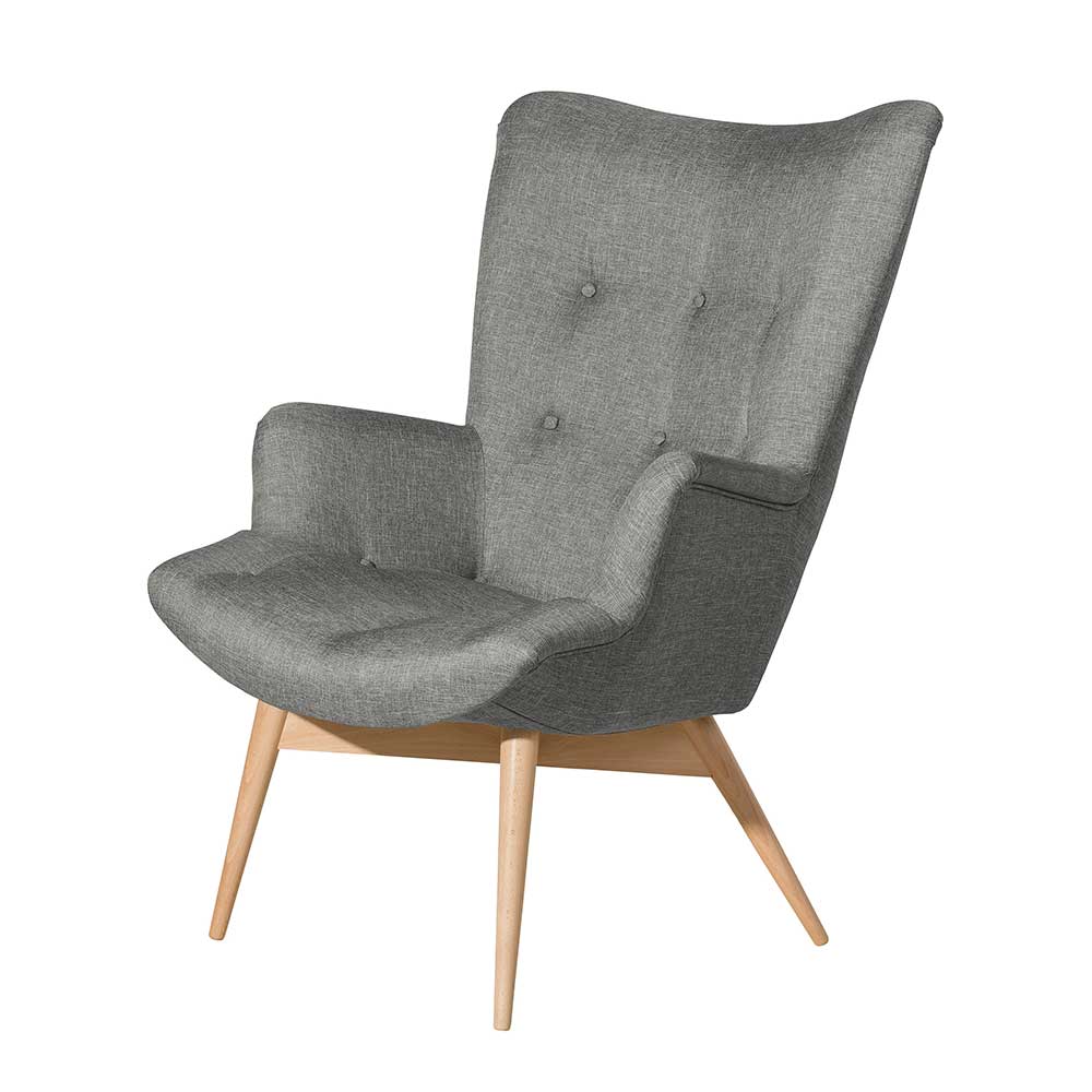 Hellgrauer Sessel Enka im Skandi Design mit Vierfußgestell aus Holz