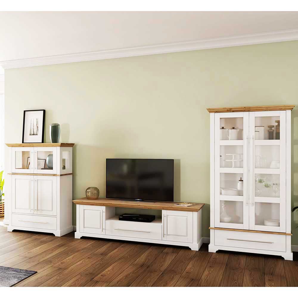 Landhaus TV Board Mevidra in Weiß und Kiefer Honigfarben