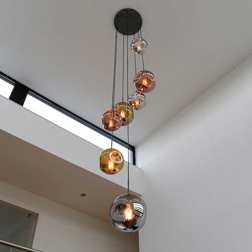 Hängeleuchte Treppenhaus Futura aus Glas in Gold - Chrom - Kupfer