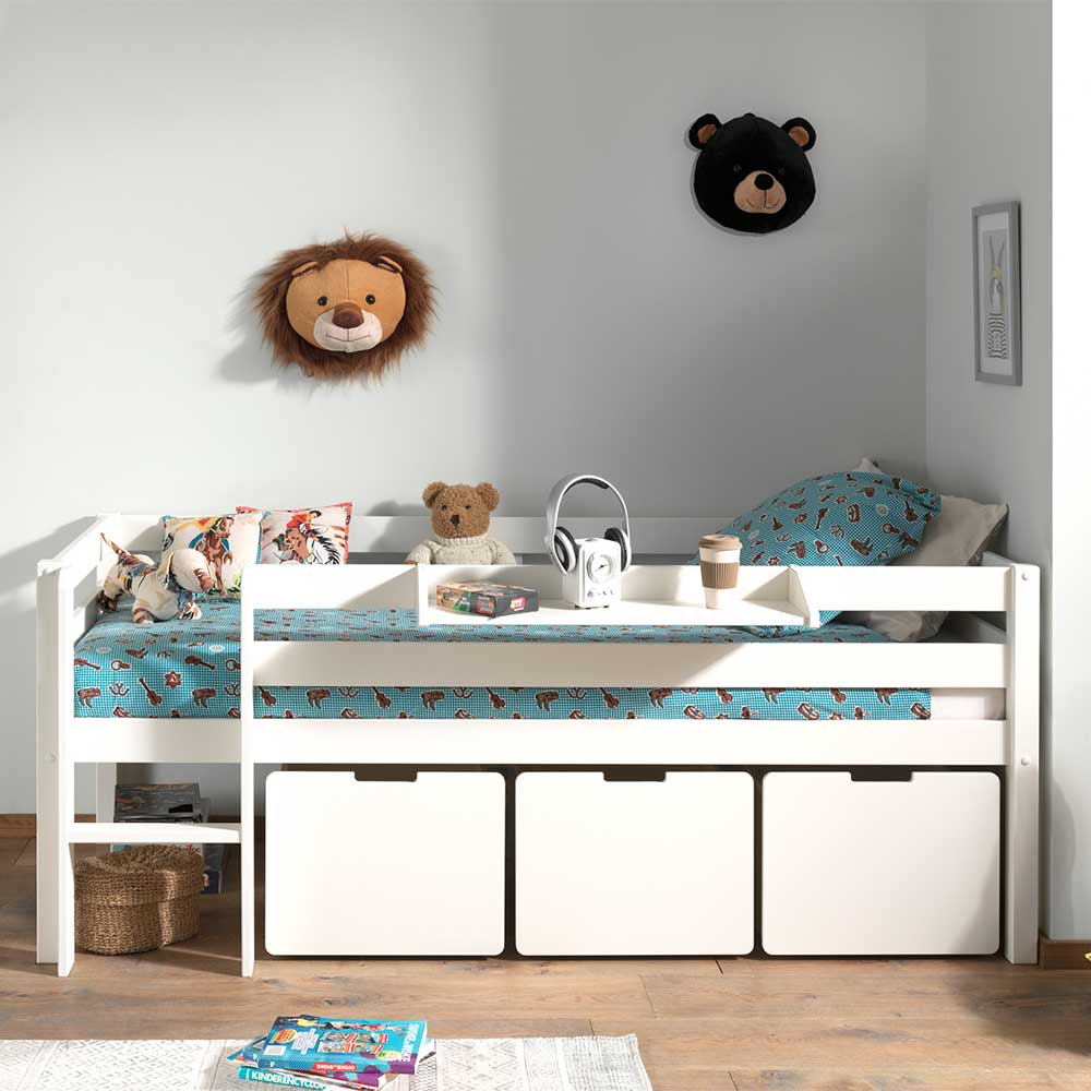 Kinderzimmer Bett Hornos in Weiß mit 3 Spielzeug Kisten