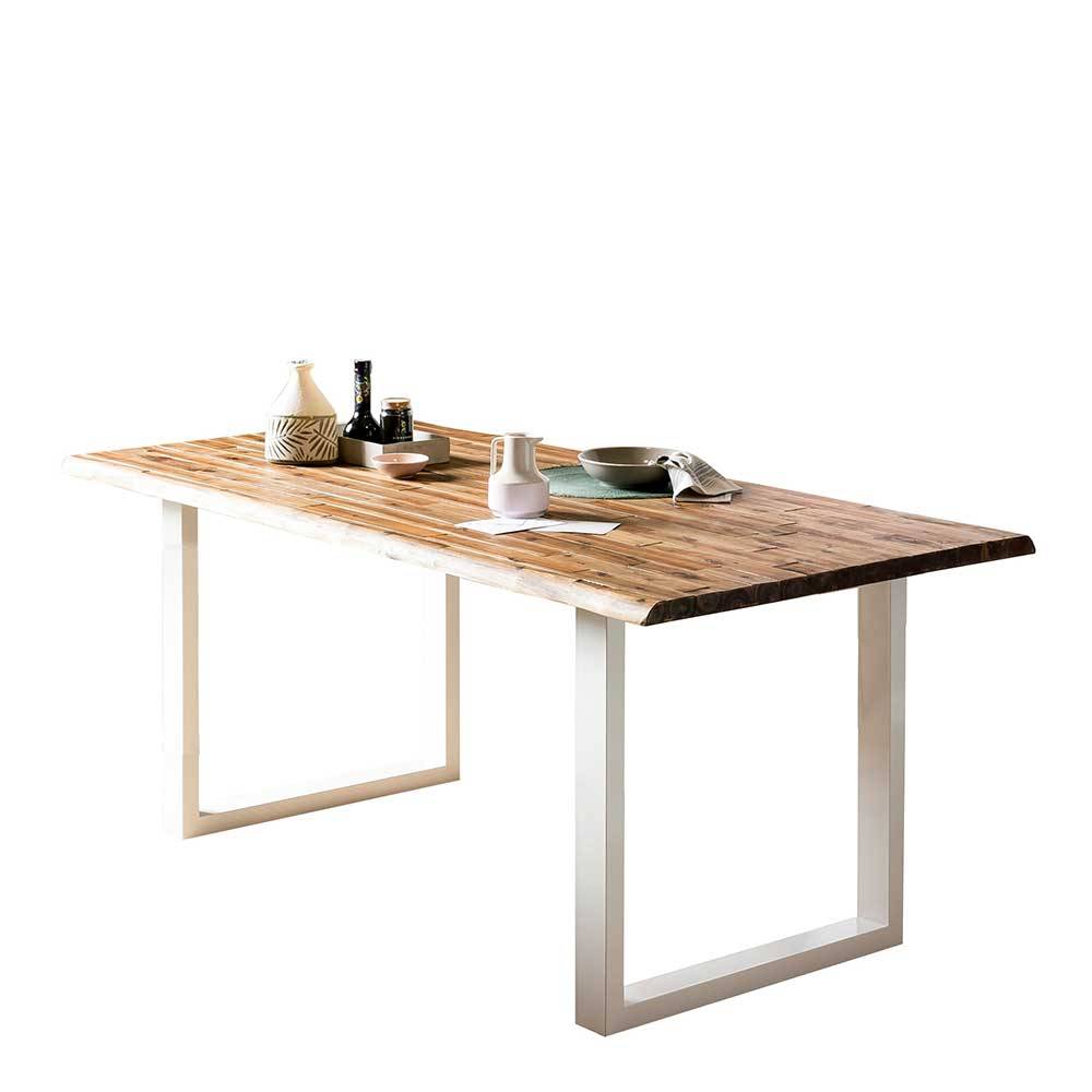 Design Tisch mit Baumkanten Sevilaca aus Akazie Massivholz - weißes Bügelgestell