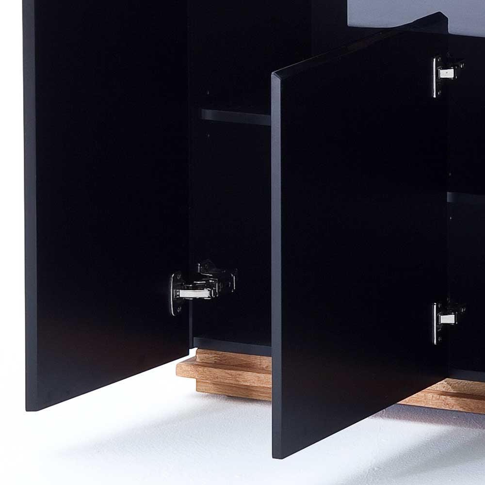 Design Sideboard Ledium in Schwarz Hochglanz mit Asteiche Massivholz