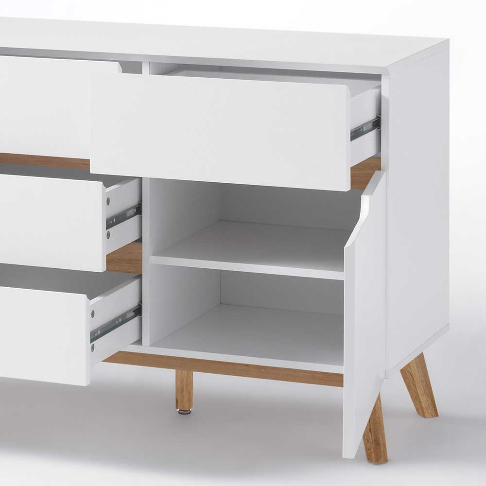 Design Sideboard Multiva in Weiß mit Asteiche Massivholz