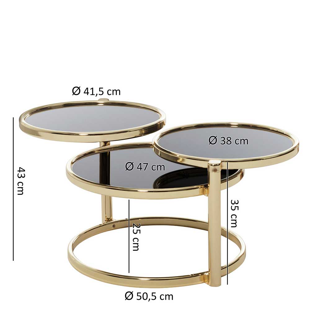 Sofa Glastisch Andiano mit drei runden Platten in Schwarz und Goldfarben