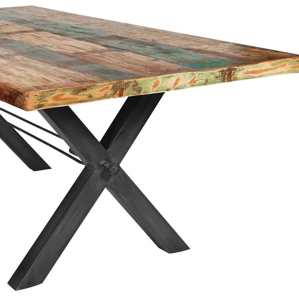 Design Holztisch Cajonara aus buntem Recyclingholz und X-Füßen aus Eisen