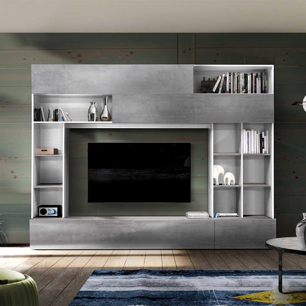 TV Wand Theana in Beton Grau und Weiß modern
