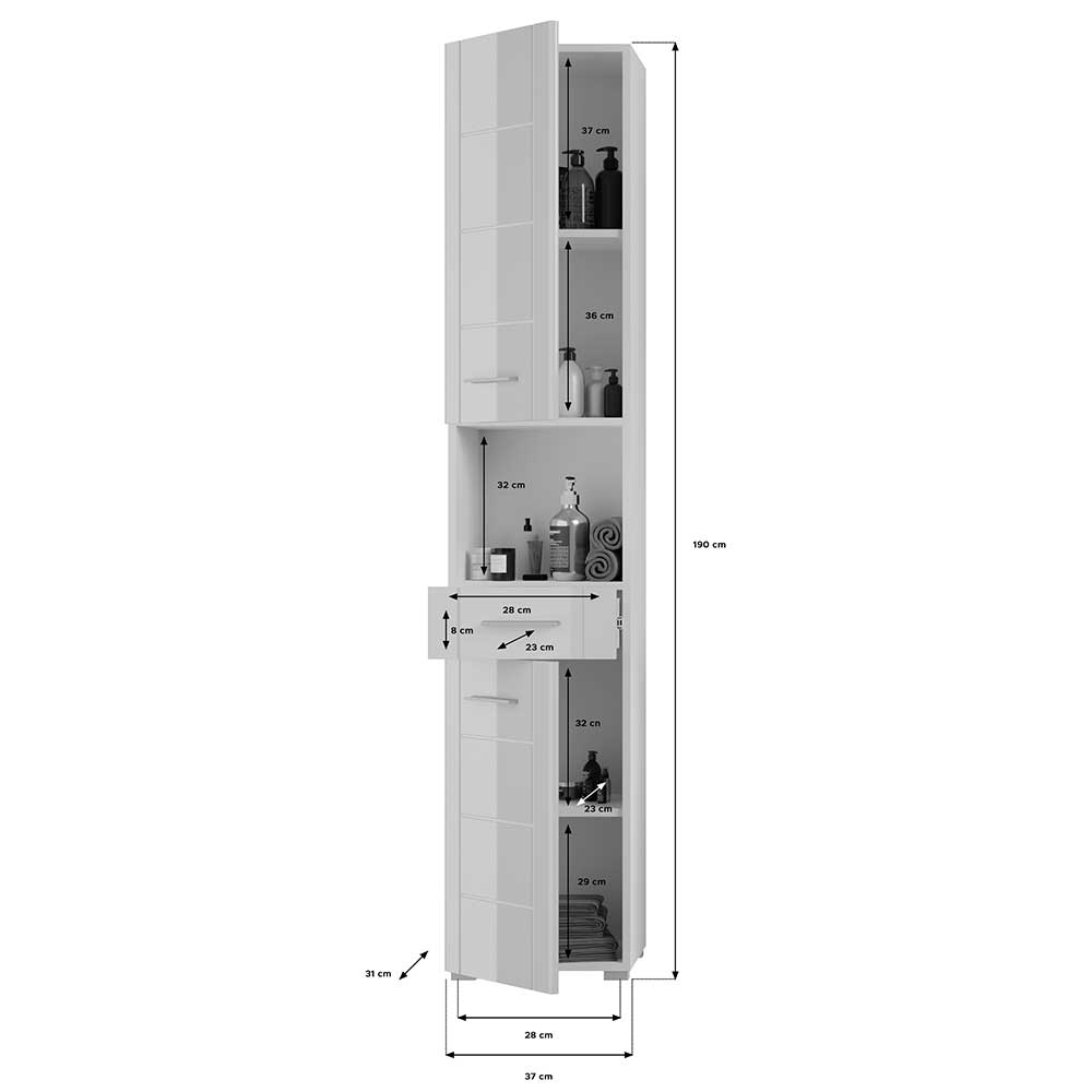 Hochglanz Badezimmer Hochschrank Mianna in Weiß 37 cm breit