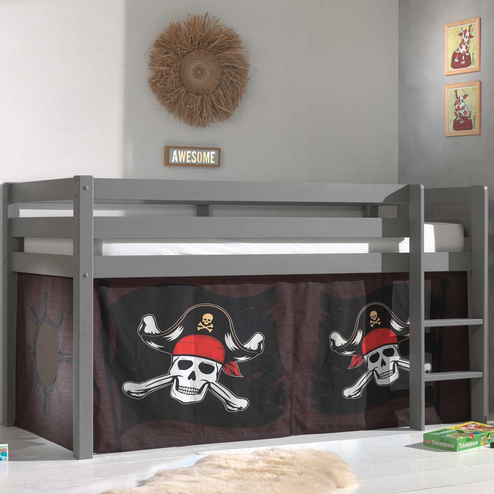 Piraten Halbhochbett Floro aus Kiefer Massivholz in Grau lackiert