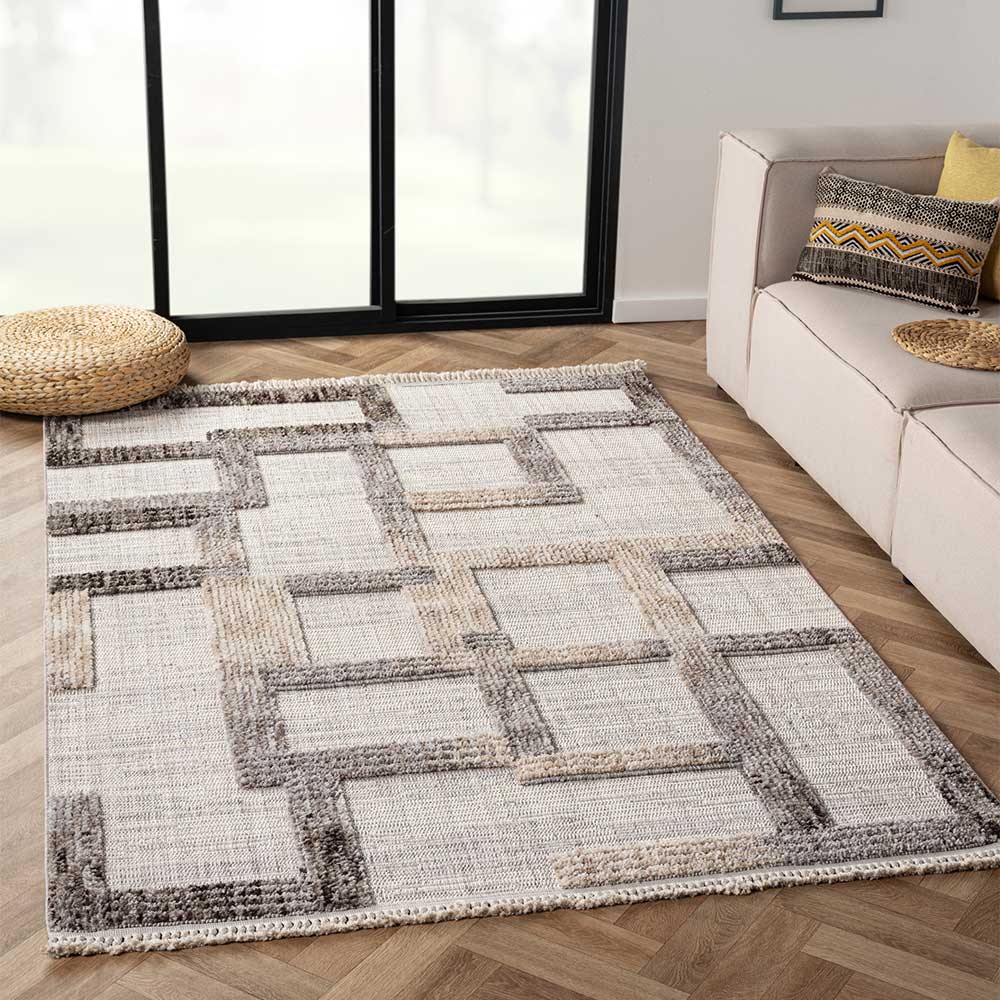 Moderner Teppich Freshna in Beige und Grau mit Hoch-Tief Struktur