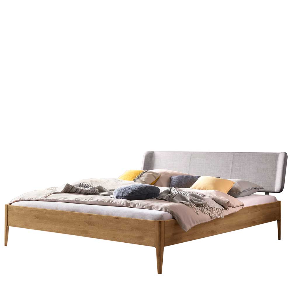 Hochwertiges Wildeiche Bett Zarin mit Polsterkopfteil in Grau