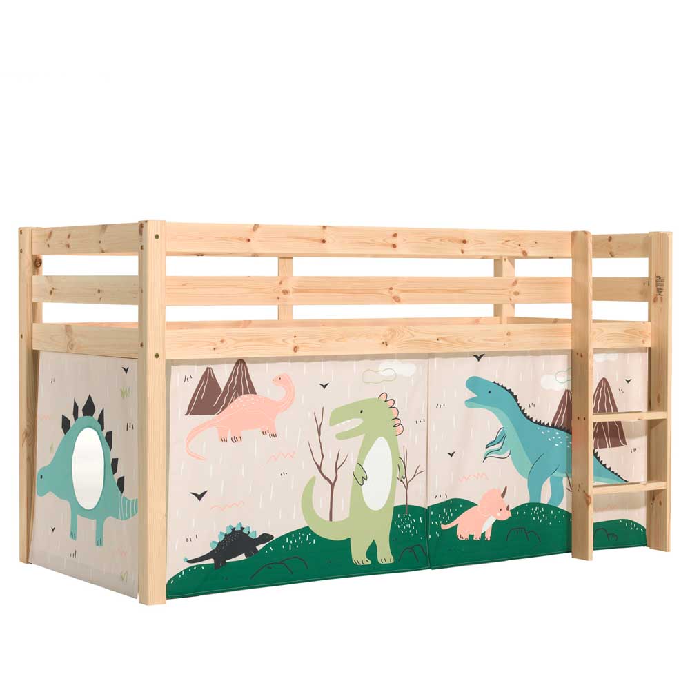 Kinder Hochbett mit Vorhang Sestranco aus Kiefer Massivholz mit Dino Motiv