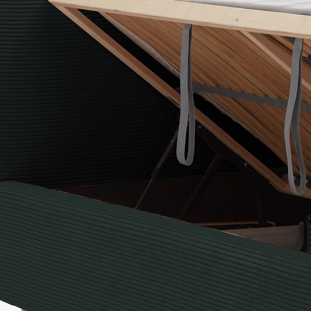 Dunkelgrünes Polster Bett Terus mit Vierfußgestell aus Holz 50 cm Einstiegshöhe