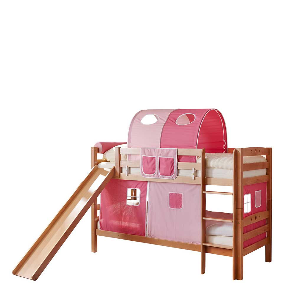 Kinderetagenbett Rateta für Mädchen mit Rutsche und Vorhang in Rosa