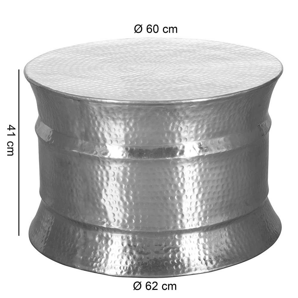 Aluminium Couchtisch Dane in Zylinderform und Silberfarben
