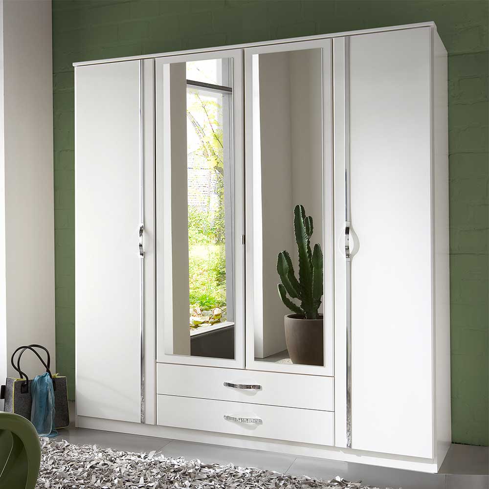 Weißer Schlafzimmerschrank Alkatar mit Spiegeltüren und zwei Schubladen